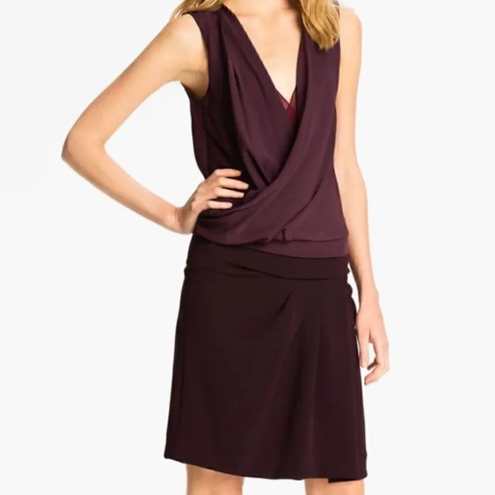 Diane von Furstenberg Burgundy Silk Chiffon Drape Front Sleeveless Sheath Dress